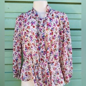 Zara Cream Floral Tie-Front Blouse with Pink & Red Accents